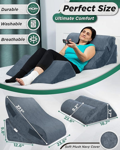 Lunix 4pcs Orthopedic Bed Wedge Pillow Set, Post Surgery Memory Foam for Back, Knee, Leg Pain Relief, Sitting Pillow for Sleeping, Acid Reflux, GERD, with Hot Cold Pack, 100% Navy
