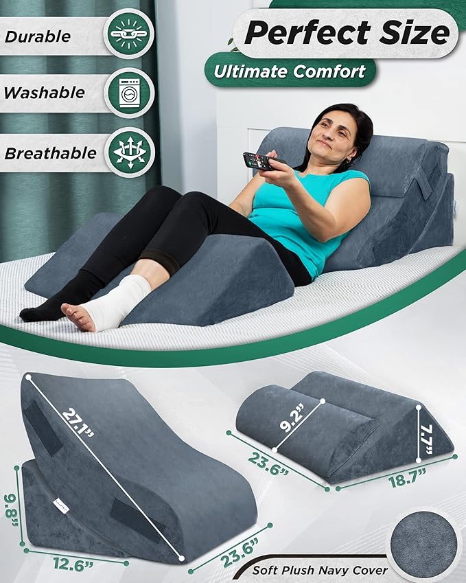 Lunix 4pcs Orthopedic Bed Wedge Pillow Set, Post Surgery Aloe Vera Memory Foam for Back, Leg, Knee Pain Relief, Adjustable Sitting Pillow for Sleeping, Acid Reflux, GERD, with Hot Cold Pack, Full Navy