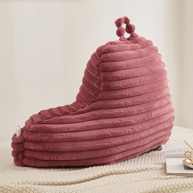 Faux Fur Fluffy Dusty Rose Reading Pillow with Pockets, Luxury Striped Plush Decorative, Arm Rests and Back Support for Bed Rest, Lounging on Sofa, Extra Large Size for Adult.