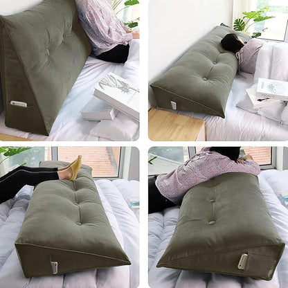 WOWMAX 100% Cotton Velvet Headboard Pillow – Full Size Wedge Back Support Reading Bolster for Bed & Daybed, Handmade Firm Support Cushion with Removable Cover, Soft Luxury Bed Rest Pillow, Beige Gray