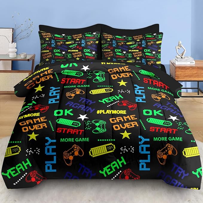 Comforter Set Full Size, Retro Computer Gamepad 7 Pcs Bedding for Kids and Adults, Cartoon Video Game Bed Sheet Sets with Fitted Sheet 2 Pillowcases & 2 Shams for Bedroom Bed Decor