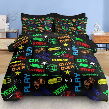 Comforter Set Full Size, Retro Computer Gamepad 7 Pcs Bedding for Kids and Adults, Cartoon Video Game Bed Sheet Sets with Fitted Sheet 2 Pillowcases & 2 Shams for Bedroom Bed Decor