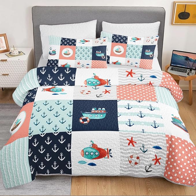 HOSIMA Nautical Quilt Set Twin Size,Plaid Patchwork Pattern Hand Painted Seaplane,Boat and Anchor Quilt for Bedroom Nautical Decor,Sea Adventure Theme Coastal Bedding with 2 Pillowcases.