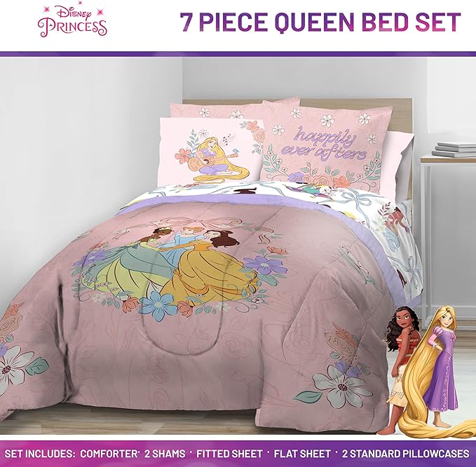 Jay Franco Kids Comforter Set Includes Sheets and Pillow Covers - Soft and Cozy Bed Set for Stylish Room Decor, Pink – Disney Princess, 7 Piece Queen