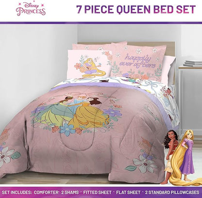 Jay Franco Kids Comforter Set Includes Sheets and Pillow Covers - Soft and Cozy Bed Set for Stylish Room Decor, Pink – Disney Princess, 7 Piece Queen
