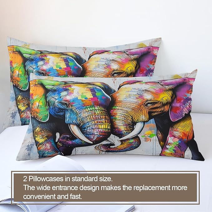 Elephant Duvet Cover Queen Size, Elephant Cuddling Up Bedding Set 3 Piece Bedroom Decor Colorful Graffiti Art Comforter Cover with Zipper Ties & 2 Pillowcases