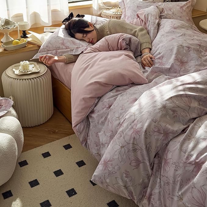 AOJIM Exquisite Duvet Cover Set with Floral Print for Kids Adults, Soft Pure Cotton Comforter Cover Set 3pcs, 1 Pink Gardenia Quilt Cover Twin Size and 2 Matching Pillowcases for Room Decor, No Quilt