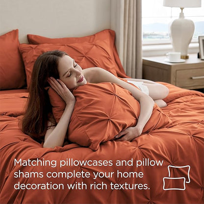 Bedsure Queen Comforter Set Burnt Orange - Bed in a Bag Queen Size Bedding 7 Pieces, GentleSoft™ Pintuck Bed Set Gift for Family, Pinch Pleat Burnt Orange Comforter with Sheets, Pillowcases & Shams