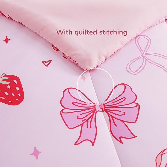 Twin Comforter Set for Girls-3 Pieces Pink Bow Twin Bedding Sets for Kids,1 Comforter,1 Sham and 1 Decor Pillow