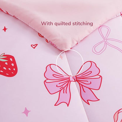 Twin Comforter Set for Girls-3 Pieces Pink Bow Twin Bedding Sets for Kids,1 Comforter,1 Sham and 1 Decor Pillow