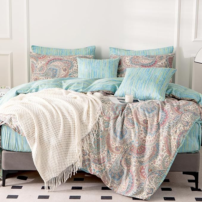 Paisley Queen Duvet Cover 100% Soft Cotton 3 Pieces Queen Exotic Bohemian Bedding Set Luxury Boho Vintage Chic Pattern Printed Queen Reversible Striped Queen Duvet Cover with Zipper Closure