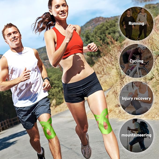 PreCut Kinesiology Tape for Knees, 24PCS Waterproof KTQUICK Knee Tape for Knee Pain Relief Pre Cut, Original Cotton Athletic Knee Tape, Waterproof & Hypoallergenic Latex-Free for Sports(Green)