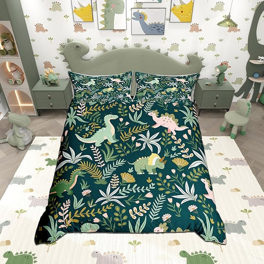 Castle Fairy Cute Dinosaur Bedding Set Twin Size,Kids Cartoon Dino Kawaii Animal Comforter Cover Set for Kids Girls,Green Pink Leaves Plant Botanical Bedding Quilt Cover Set Bedroom Decor, 2 Pcs