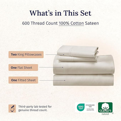California Design Den California King Sheet Set - 100% Cotton, 600 Thread Count Deep Pocket Cal King Sheet Set, Luxury Soft Hotel-Quality, Sateen Weave - Ivory (Warm Cream)