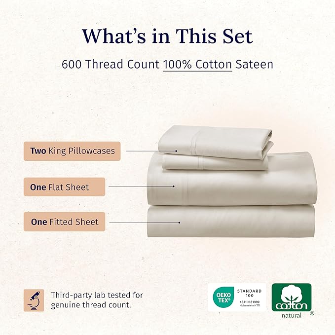 California Design Den Deep Pocket King Sheets Set - Luxury 600 Thread Count 100% Cotton Sateen, King Size Sheet Set, All Around Elastic, Snug Fit, Hotel Quality Bedding - Ivory (Warm Cream)