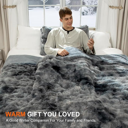 Faux Fur Electric Throw Blanket for Couch - 50"X60" Bubble Faux Fur Heated Blanket Fluffy Fuzzy Soft Thick with 6 Fast Heating Levels & 4 hrs Timer Settings, Washable & ETL Certified, Tie-Dye Blue