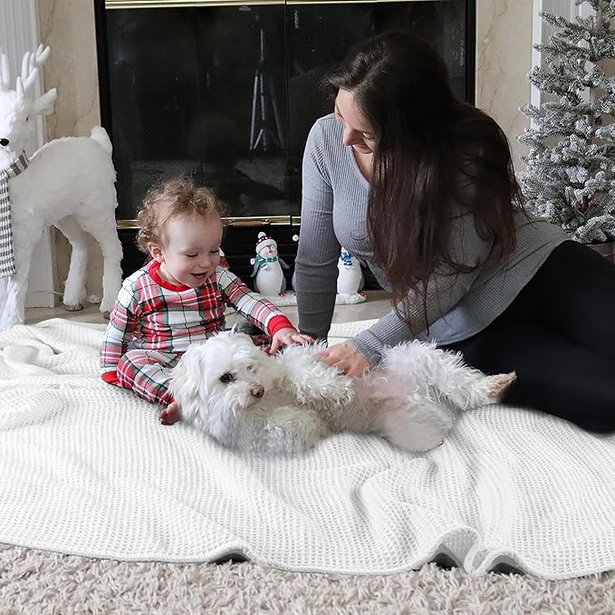 Tex Trend 100% Cotton Blankets King Size – Durable and Versatile Waffle Weave Blanket for Christmas & Year Round Coziness – Warm & Lightweight - White (90”x108”)