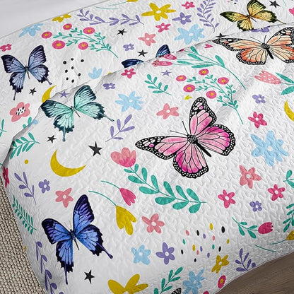 QOOMO Floral Butterfly Quilt Set Full/Queen Size,Butterflies Bedspread Coverlet Set,Flower 3Pcs Bedding Set Printed Quilt with 2 Pillowcases,Soft and Lightweight,for All Seasons