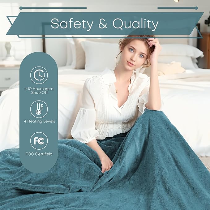 LUXIAN Electric Heated Blanket King Size 90"x100" -Microplush & Sherpa Fabric Dual-Sided, 4 Heat Settings & 10 Hours Auto Off, Machine Washable, Lake Green