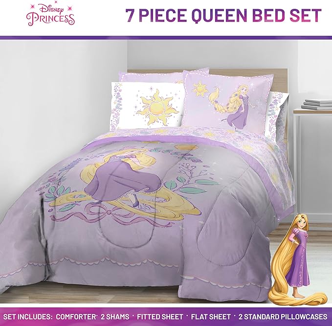 Jay Franco Kids Comforter Set Includes Sheets and Pillow Covers - Soft and Cozy Bed Set for Stylish Room Decor, Purple - Disney Princess Rapunzel, 7 Piece Queen Size Bedding