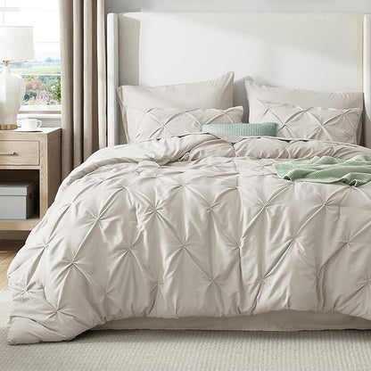 Bedsure King Comforter Set Linen - Bed in a Bag Bedding Set 7 Pieces, GentleSoft™ Pintuck Bed Set Gift for Family, Pinch Pleat All Season Comforter with Sheets, Pillowcases & Shams