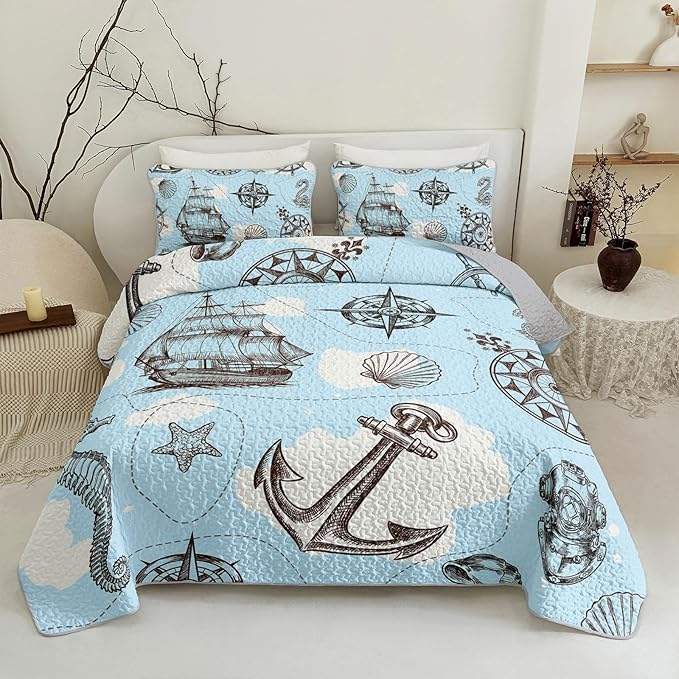 QOOMO Voyage Quilt Set King Size,Navigate Bedspread Coverlet Set,Anchor 3Pcs Bedding Set Printed Quilt with 2 Pillowcases,Soft and Lightweight,for All Seasons