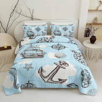 QOOMO Voyage Quilt Set King Size,Navigate Bedspread Coverlet Set,Anchor 3Pcs Bedding Set Printed Quilt with 2 Pillowcases,Soft and Lightweight,for All Seasons