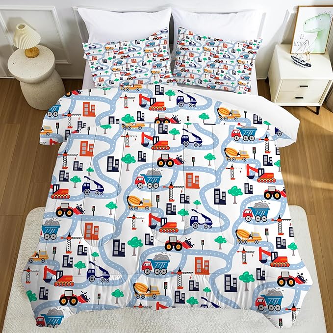 Cars Comforter Set Queen: Cartoon Truck Bedding for Boys Kids Teen Men Bedroom Construction White Dorm Quilt 1 Comforter + 2 Pillow Cases
