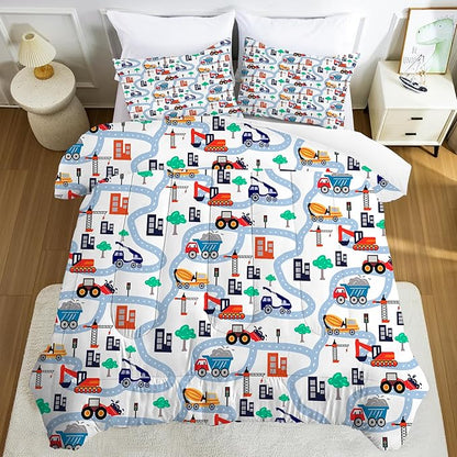 Cars Comforter Set Queen: Cartoon Truck Bedding for Boys Kids Teen Men Bedroom Construction White Dorm Quilt 1 Comforter + 2 Pillow Cases