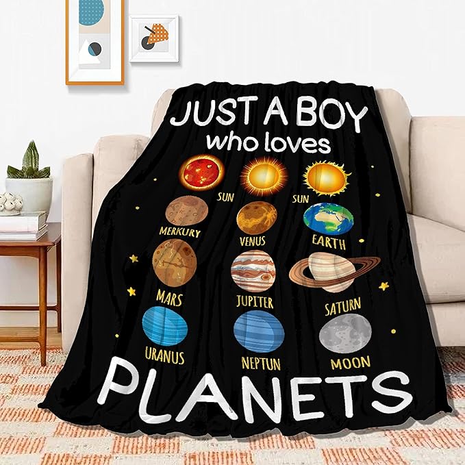 Just Boy Who Loves Planets Blanket Soft Blankets and Throws Flannel Cozy Lightweight Quilt Gift Perfect for Bed Sofa Couch-80 x60 Large for Adult