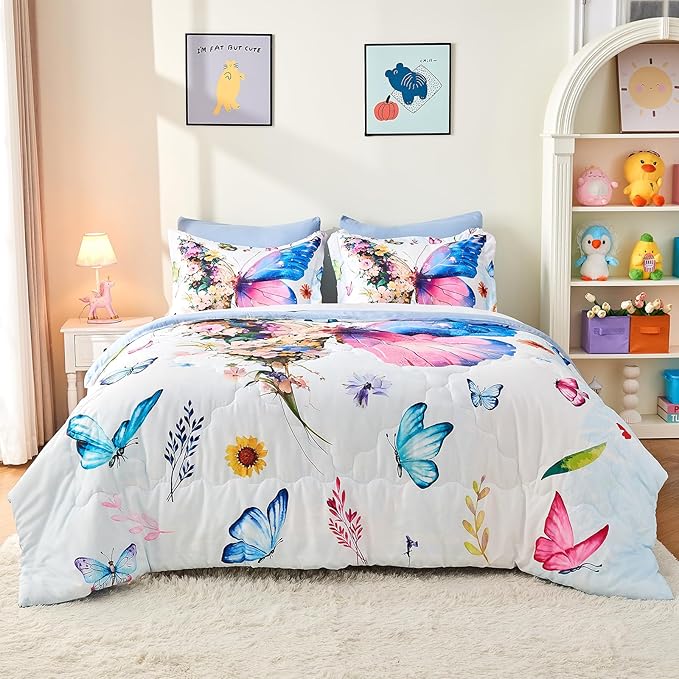 7 Piece Butterfly Comforter Set Full Size 3D Colorful Floral Butterflies Bedding Set for Kids Girls Women for Birthday