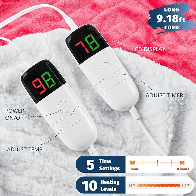 Heated Electric Blanket Queen Size - 84" x 90" Heating Blanket with Dual Control, 10 Heating Levels & 8 Hours Auto Off, Soft Warm Flannel Blanket, Christmas Birthday Gifts for Senior Grandma