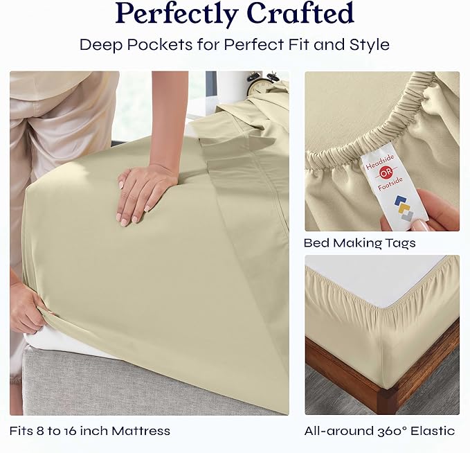 California Design Den California King Sheet Sets - Soft 400 Thread Count Sateen, 100% Cotton Bed Sheets with Deep Pockets, Breathable, and Durable Bedding Set - Beige (Golden Tone)