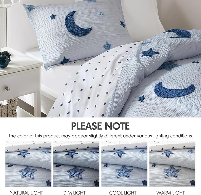 Intelligent Design Kids Cosmos Twin Size Duvet Set – Blue Star and Moon Tufted Chenille, Reversible 2-Piece Bedding with Star Pillow