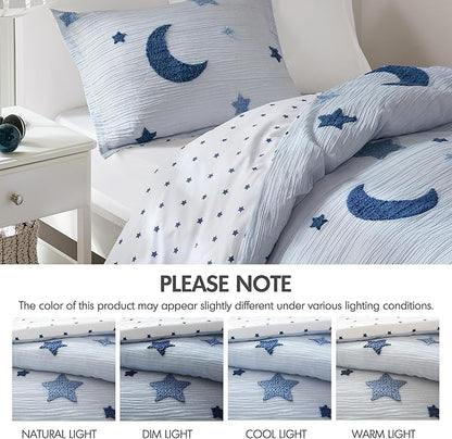 Intelligent Design Kids Cosmos Twin Size Duvet Set – Blue Star and Moon Tufted Chenille, Reversible 2-Piece Bedding with Star Pillow