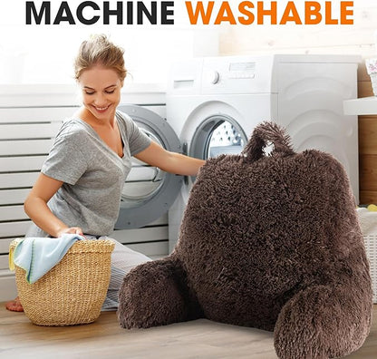 Cheer Collection Fluffy Reading Pillow Chair - Shaggy Hair Chair Pillow with Arms for Bed & Couch, Chocolate