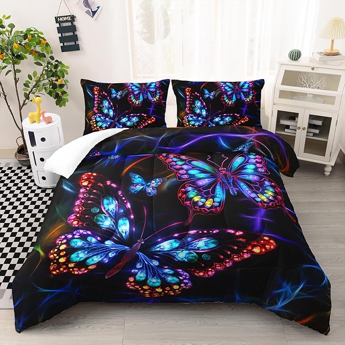 Colorful Butterfly Bedding Set, Queen Size Neon Butterfly Comforter Set, Room Decor for Kids Teens, 1 Quilt with 2 Pillowcases