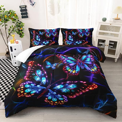 Colorful Butterfly Bedding Set, Twin Size Neon Butterfly Comforter Set, Room Decor for Kids Teens, 1 Quilt with 2 Pillowcases