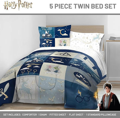 Jay Franco Kids Comforter Set Includes Sheets and Pillow Covers - Soft and Cozy Bed Set for Stylish Room Decor, Multi - Harry Potter, 5 Piece Twin Size Bedding