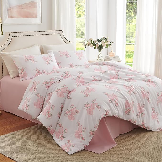 Pink Bow Duvet Cover Full Size Floral Bowknot Bedding Set 3 Pieces Kids Boys Girls Vintage Green Botanical Coquette Princess Style Garden Reversible Duvet Cover Set with 2 Pillowcases