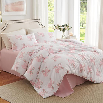 Pink Bow Duvet Cover Full Size Floral Bowknot Bedding Set 3 Pieces Kids Boys Girls Vintage Green Botanical Coquette Princess Style Garden Reversible Duvet Cover Set with 2 Pillowcases