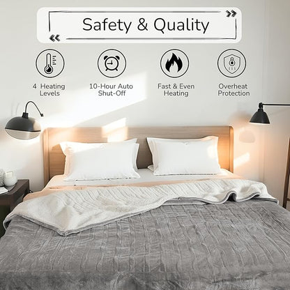 Electric Heated Blanket King Size 90"x100" - Dual-Sided with Microplush & Sherpa Fabric, 4 Heat Settings & 10 Hours Auto Off, Machine Washable - Light Gray