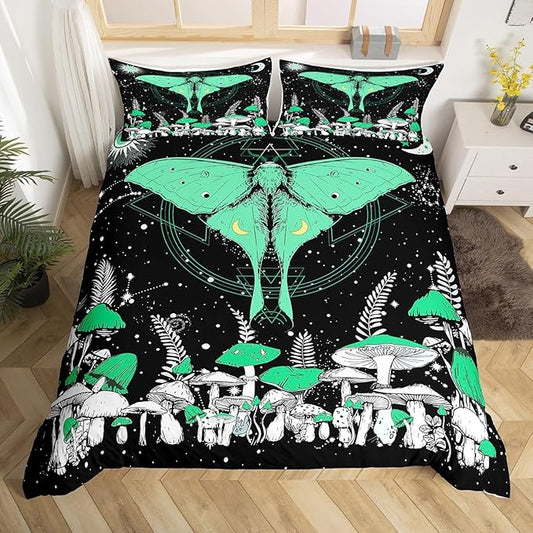 Moth Bedding Set Twin Size,Green Mushroom Duvet Cover for Kids Boys Bed Comforter Cover Set,Stars Moon Constellation Bedding Quilt Cover Set Decorative 2 Pieces