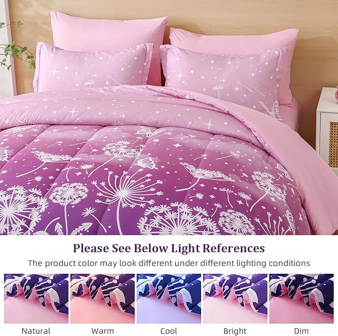 Menghomeus Girls Comforter Set Queen Size 7 Pieces Bed in A Bag Ombre Pink Purple Rainbow Bedding Set Dandelion Butterfly Print Kids Bedding Collections