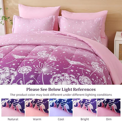 Menghomeus Girls Comforter Set Twin Size 5 Pieces Bed in A Bag Ombre Pink Purple Rainbow Bedding Set Dandelion Butterfly Print Kids Bedding Collections