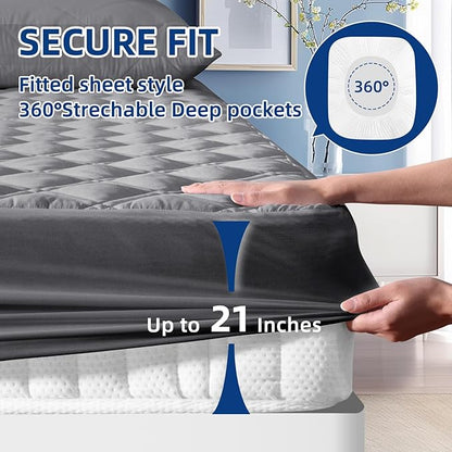 Queen Mattress Protector, Breathable Waterproof Mattress Pad Cover Fitted Deep Pocket 8"-21", Soft Noiseless Mattress Cover Washable Cooling Padded for Home Hotel Bedroom, Gray