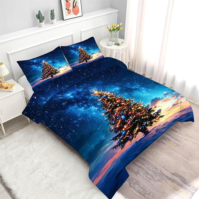 Christmas Tree Bedding Set Full/Queen Size Blue Galaxy Comforter for Kids Girls Teen Women Space Xmas Holiday Bedroom Quilt Bed Sets, 1 Comforter 2 Pillowcases