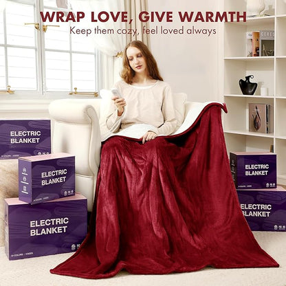 Electric Blanket Full Size 72" x 84" - Fluffy Ultra Soft Flannel Full Electric Blanket with 6 Heating Levels & 10 Hours Adjustable Timer, Fast Heating and Washable Blanket for Office (Red)