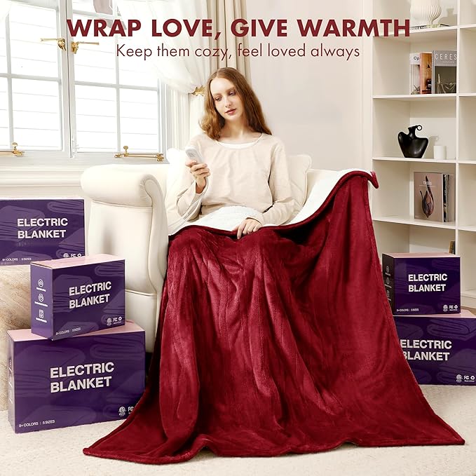 Electric Heated Throw Blanket 50" x 60" - Soft Flannel Sherpa Electric Heated Blanket with 5 Heating Levels & 4 Hours Auto Off, Heating Blanket as a Gift for Grandma, Machine Washable (Red)