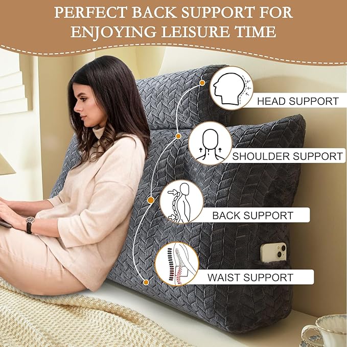 YOUR MOON Wedge Headboard Pillow Twin with 1 Pack Neck Roll Pillow, Triangular Wedge Backrest Pillows Headboard for Bed,Daybed,and Lounging, Large Bed Bolster Pillows,Dark Gray
